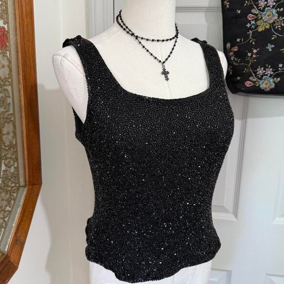 VTG Y2K Cache Black Silk Beaded Sparkly Goth Glam Tank Top with Padding M/S - Picture 2 of 8